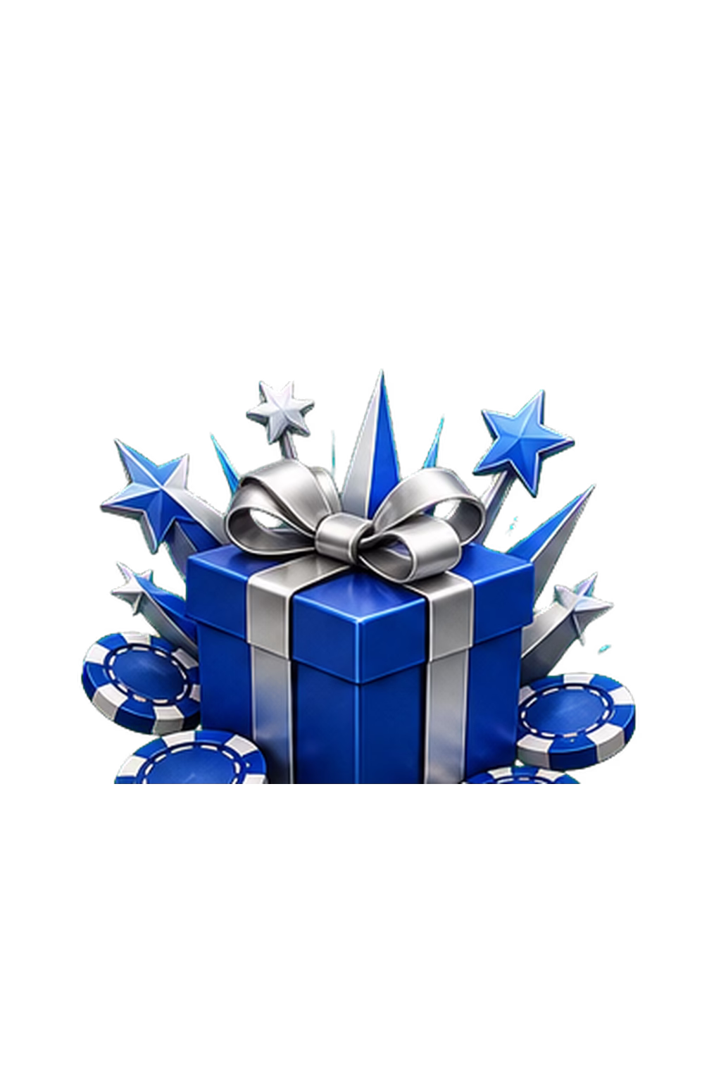 Royal-blue gift box with silver ribbon and casino chips