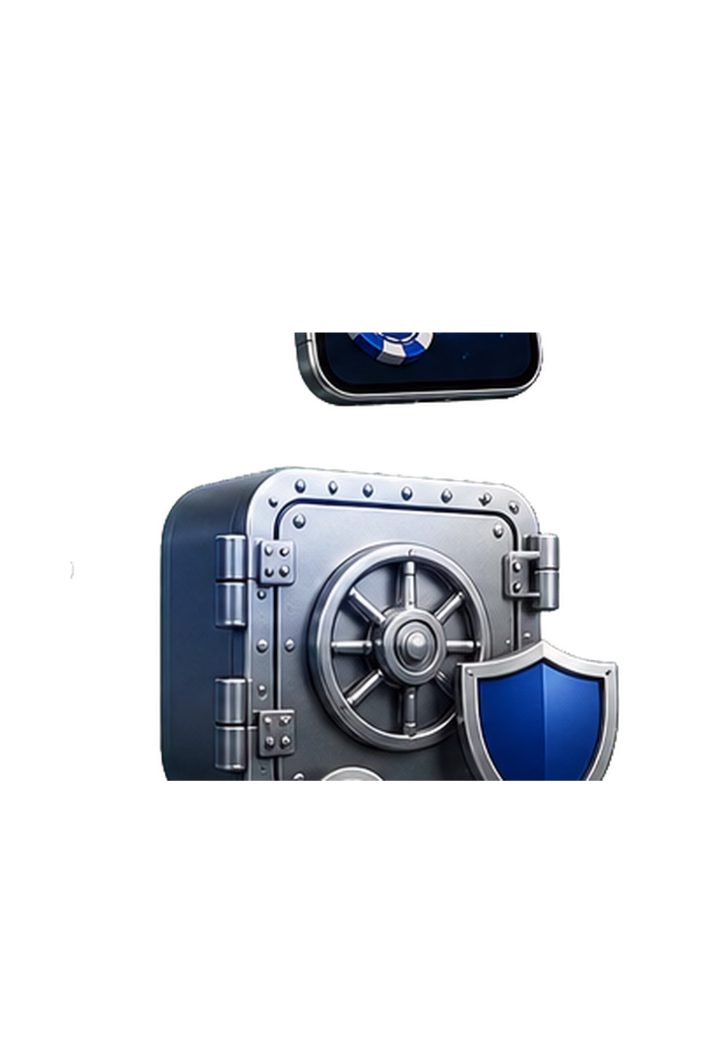 Silver vault door with key and blue shield